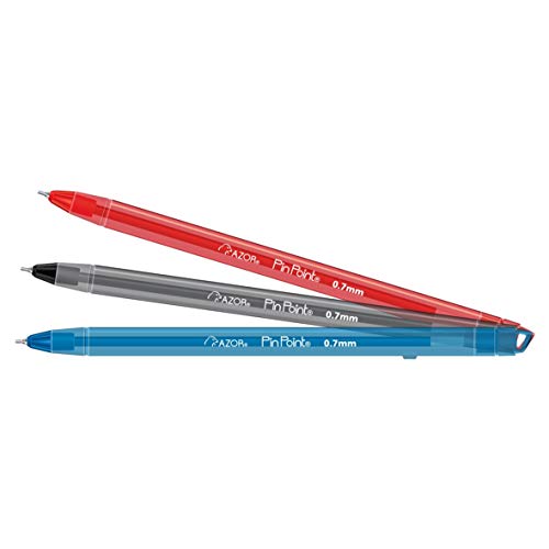 Azor Pin Point Fine Point Writing Pens 0.7mm with Hole for Retractable Cord, Chain, Clipboard or Countertop – Assorted 10 Pieces: 5 Black, 3 Blue, 2 Red