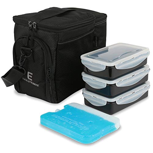 Evolutionize Meal Prep Insulated Lunch Bag Cooler Bag Patented Lunch Box includes Portion Control Meal Prep Containers and Ice Pack (3 Meal, Black)