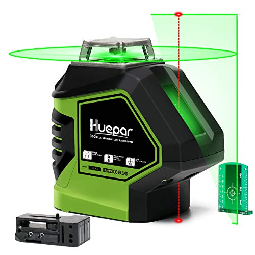 Huepar Self-Leveling Green Laser Level 360 Cross Line with 2 Plumb Dots Laser Tool -360-Degree Horizontal Line Plus Large Fan Angle of Vertical Beam with Up & Down Points -Magnetic Pivoting Base 621CG