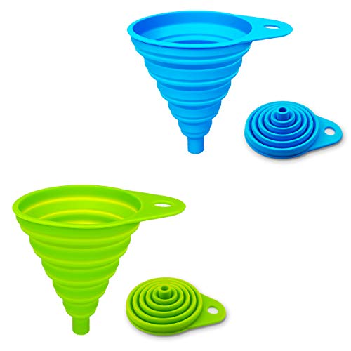 ddLUCK 2 Pack Silicone Collapsible Funnel, Flexible/Foldable/Kitchen Funnel for Water Bottle Liquid Transfer Narrow and Wide Mouth Funnels Hopper (Green and Blue）