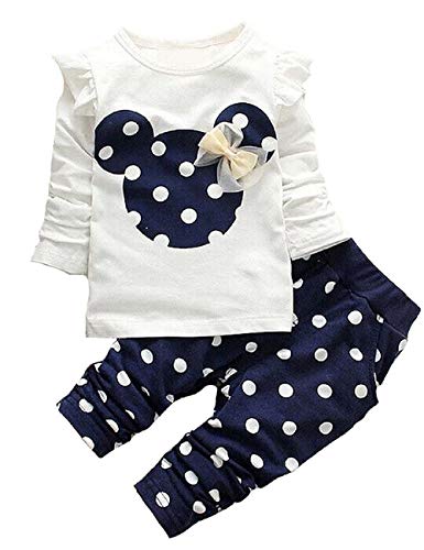 Cute Toddler Baby Girls Clothes Set Long Sleeve T-Shirt and Pants Kids 2pcs Outfits(White+Navy,4T)