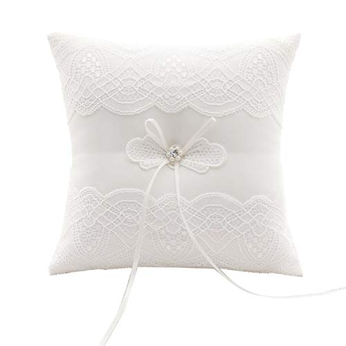 GuiHe Ivory Satin and Lace Pearl Wedding Ring Bearer Pillow Cushion Embroider Flower Lace with Bow, 7.9 Inch Ring Bearer for Beach Wedding