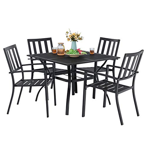 MFSTUDIO 5 Piece Outdoor Patio Metal Dining Set, 4 Stackable Slat Chairs and Square Dining Table with 1.57” Umbrella Hole - Black