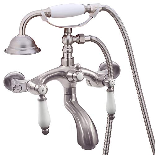 Brushed Nickel Clawfoot Tub Faucet Wall Mount Hand Held Shower Bathtub Faucet Set Double Cross Handle with 3-3/8 Inch Center with Adapter Adjustable Swing Arms