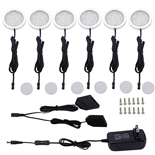 AIBOO 12V LED Under Cabinet Lights Kit 6 Pack Black Cord Aluminum Puck Lamps for Kitchen Counter Closet Lighting with Manual on/Off Switch 12W 6 Lights (4000K Natural White)