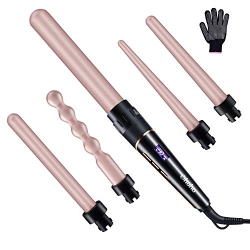 Ohuhu 5 in 1 LCD Curling Iron Wand Set with 5 Interchangeable 0.35 Inch to 1.25 Inch Ceramic Barrels and Double Side Heat-Resistant Glove, Christmas Gift, Rose Gold