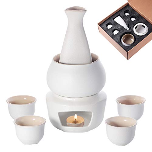 Lyty Ceramic Sake Set with Warmer Traditional Japanese Style Wine Warmer hot sake wine drink, 7 pcs including 1 Stove, 1 Warming Pot, 1 Sake Bottle and 4 Sake Cups (Candle NOT Included) (White)