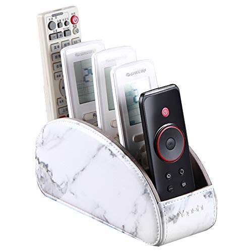 All-in-One Leather White TV Remote Holder for Remote Conrtols with 5 Compartments Nightstand Desktop Media Player Remote Caddy Storage Box Organizer Tray for Mobile Office Stationery Phone Controller