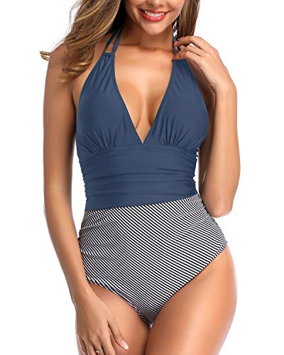 Holipick Women Sexy 1 Piece Swimsuit Deep V Neck Striped Monokini Bathing Suit (L(US 12-14), Blue)