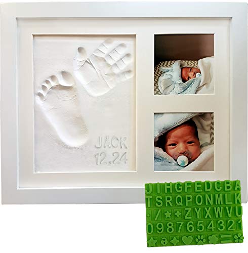 Baby Handprint & Footprint Keepsake Photo Frame Kit - Personzalize it w/Free Stencil! Non-Toxic Clay, Wall/Table Wood Picture Frame. Perfect Registry, Baby Shower, New Mom, Birthday & Newborn Gift!