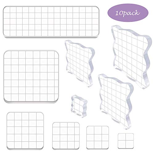 Shine US 10 Pieces Stamp Blocks Acrylic Clear Stamping Blocks Tools with Grid Lines for Scrapbooking Crafts Making，Assorted Sizes