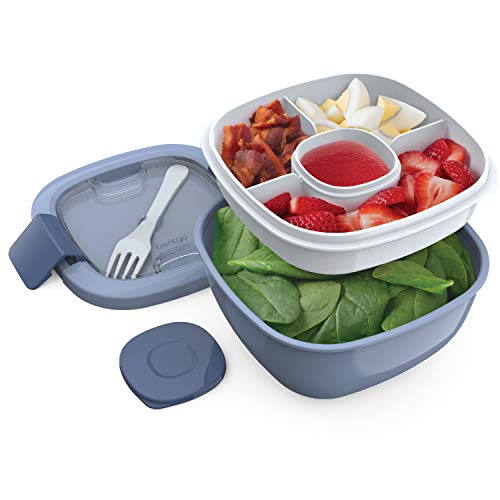 Bentgo Salad BPA-Free Lunch Container with Large 54-oz Bowl, 3-Compartment Bento-Style Tray for Salad Toppings and Snacks, 3-oz Sauce Container for Dressings, and Built-In Reusable Fork (Slate)