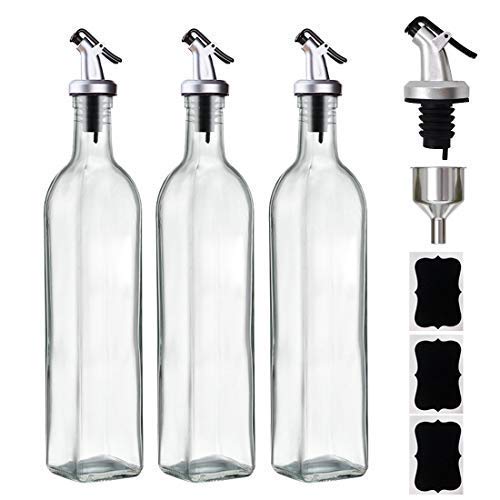 GMISUN Olive Oil Dispenser Bottle, Cooking Oil and Vinegar Cruet Set with 17oz Oil Container Glass Carafe, Funnel, Oil Pourer Spouts and Labels, 3Pack, Clear