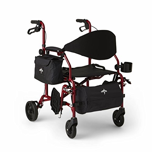 Medline Red Combination Rollator and Transport Chair, Desk-Length Arms, Swing Away Footrests, Red Frame