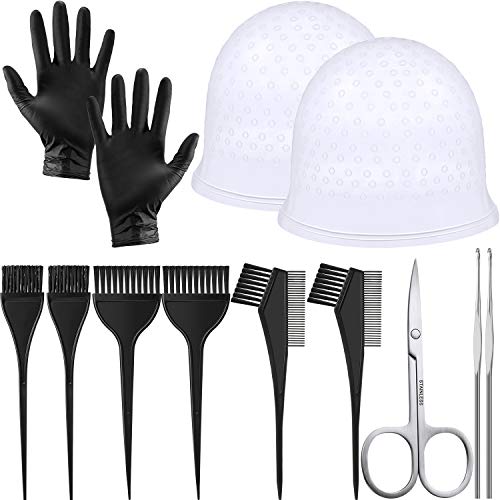 10 Pieces Hair Dye Coloring DIY Tool Kit, 6 Pieces Dye Brush, 2 Pieces Silicone Hair Coloring Cap Highlighting Dye Cap with 2 Hooks, Dye Gloves and Scissors for Salon Home Use