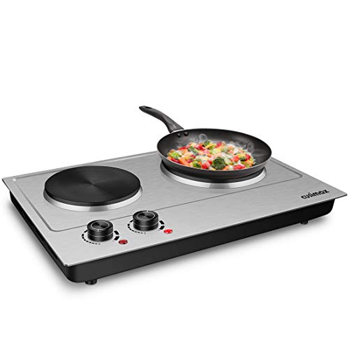 CUSIMAX 1800W Double Hot Plate, Stainless Steel Silver Countertop Burner Portable Electric Double Burners Electric Cast Iron Hot Plates Cooktop, Easy to Clean, Upgraded Version C180N