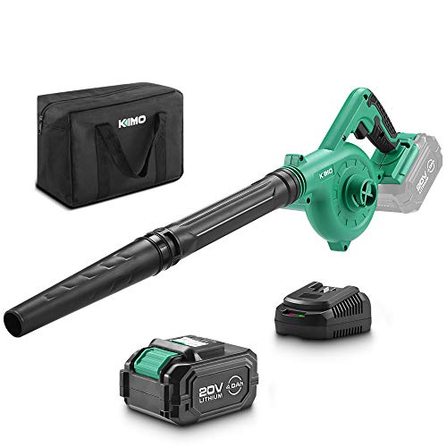KIMO 20V Cordless Leaf Blower, 2-in-1 Battery Powered Sweep/Vacuum, w/ 4.0Ah Lithium-ion Battery&Charger, 150MPH, Variable Speed, Carrying Bag for Blowing Leaf/Snow/Dust/PC, Vacuuming Yard/Patio/Car