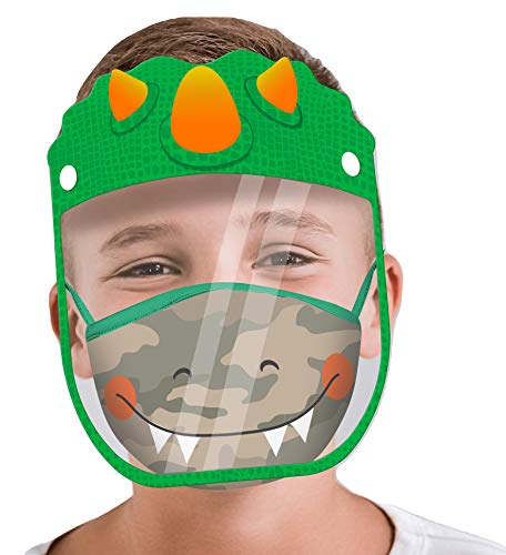 ABG Accessories Kids Face Shield with Matching Little Boys Reusable Fabric Mask, Dinosaur Design, Age 4-14