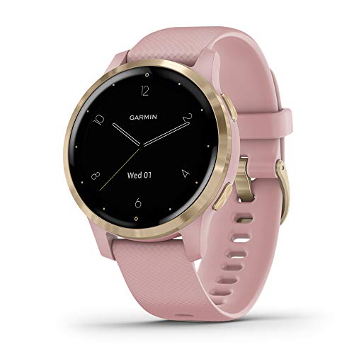 Garmin vivoactive 4S, Smaller-Sized GPS Smartwatch, Features Music, Body Energy Monitoring, Animated Workouts, Pulse Ox Sensors And More, Light Gold With Light Pink Band