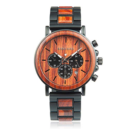 BOBO BIRD Men’s Casual Wrist Watch, Wood & Stainless Steel Watch with Luminous Pointers, Classic Analog Watches with Gift Box