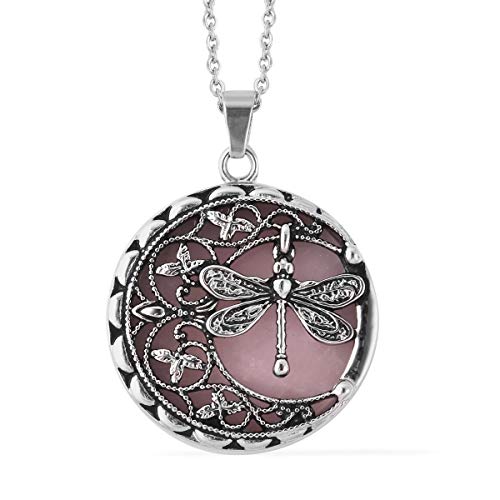 Galilea Rose Quartz Black Oxidized Round Dragonfly Chain Pendant Necklace for Women Gift Jewelry for Women 20'