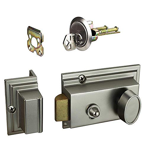 Defiant Satin Nickel Deadbolt Lock with Night Latch, Holdback Button Single Cylinder Rim and Two Keys - Heavy Duty Defender Security Door Lock Hardware