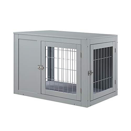 unipaws Dog Crate End Table with Cushion, Wooden Wire Pet Kennels with Double Doors, Modern Design Dog House, Medium Crate Indoor Use, Chew-Proof, Gray