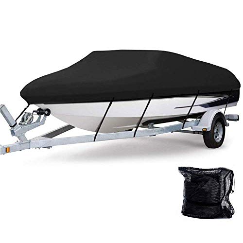 Anglink Waterproof Boat Cover, Heavy Duty 600D Polyester Oxford Professional Bass Runabout Boat Cover, Durable and Tear Proof, All Weather Outdoor Protection Fits 17-19 feet V-Hull, Tri-Hull