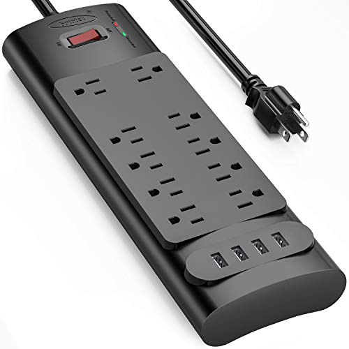 Power Strip, Bototek Surge Protector with 10 AC Outlets and 4 USB Charging Ports,1875W/15A, 2100 Joules, 6 Feet Long Extension Cord for Smartphone Tablets Home,Office, Hotel- Black