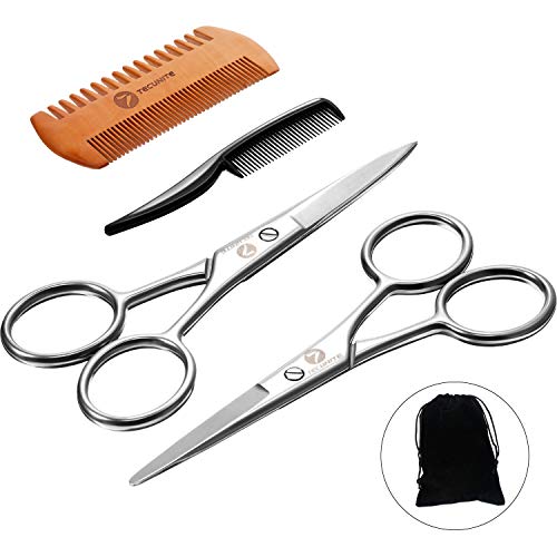 TecUnite 4 Pieces Beard Trimming Scissors Set, Grooming Scissors for Men and Mustache Beard Comb Beard Grooming Trim Scissor Kit with Storage Bag