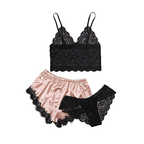 Women Sexy Clothes Lace Lingerie Set Underwear Bra 2Pcs V-Neck Vest Top+ Shorts Outfits Girls Bodysuit Ladies Nightwear (B-Pink, L)