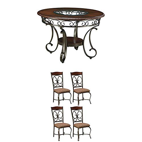 Ashley Furniture Signature Design - Glambrey Dining Room Table - Round - Brown with Glambrey Dining Room Chair Set - Scrolled Metal Accents - Set of 4 - Brown