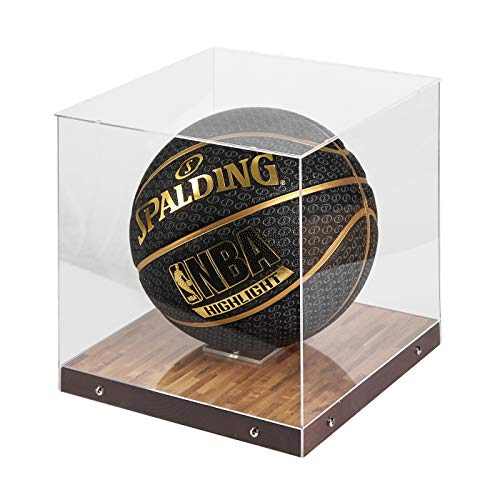 J JACKCUBE DESIGN Basketball Display Case Stand with Wooden Base, Clear Storage for Collectible Sports Memorabilia Holder Cube Case, Autograph Ball Standing Display, Floor (Printing) - MK342SS