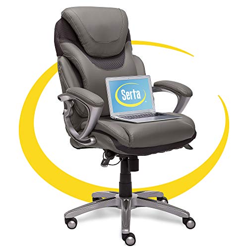 Serta AIR Health and Wellness Executive Office Chair High Back Ergonomic for Lumbar Support Task Swivel, Bonded Leather, Light Gray