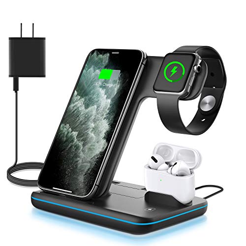 WAITIEE Wireless Charger, 3 in 1 Qi-Certified 15W Fast Charging Station for Apple iWatch Series 5/4/3/2/1,AirPods, Compatible with iPhone 11 Series/XS MAX/XR/XS/X/8/8 Plus/Samsung (Black)