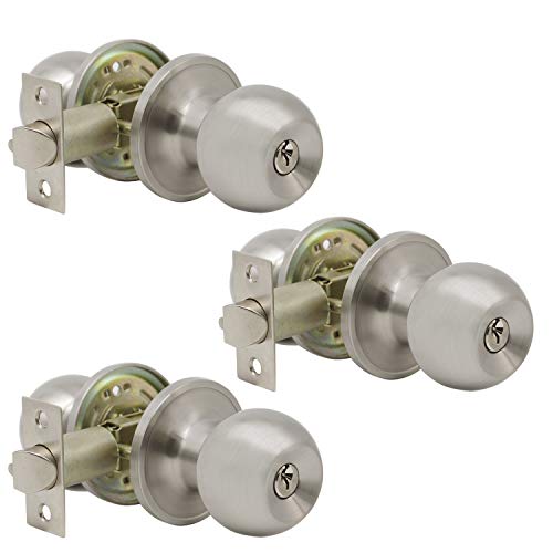Probrico Satin Nickel One Keyway Ball Door Knobs Entry Lock with Keys, 3 Pack Keyed Alike Door Locksets, Interior Exterior Keyed Hardware