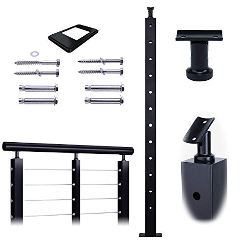 Muzata Cable Railing Post Square 42”x2”x2” Stainless Steel Black Finishing Pre-drilled Posts Surface Mount for Wood Concrete Level Deck Stair Balustrade fit Invisible kit PL01 BH4, PT1 PT3