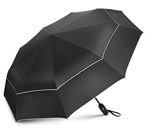 Windproof Travel Umbrella - Compact, Double Vented Folding Umbrella w/Automatic Open & Close Button - Portable, Lightweight Outdoor & Golf Rain Umbrellas w/UV Protection, Black