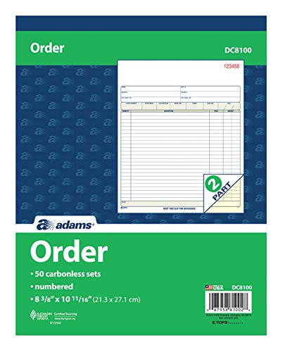 Adams Order Book, 2-Part, Carbonless, White/Canary, 8-3/8 x 10-11/16 Inches, 50 Sets per Book (DC8100)