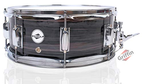 Deluxe Snare Drum by Griffin | 14' x 5.5' Poplar Wood Shell with Zebra PVC Glossy Finish | Percussion Musical Instrument with Drummers Key for Students & Professionals |8 Tuning Lugs & Snare Strainer