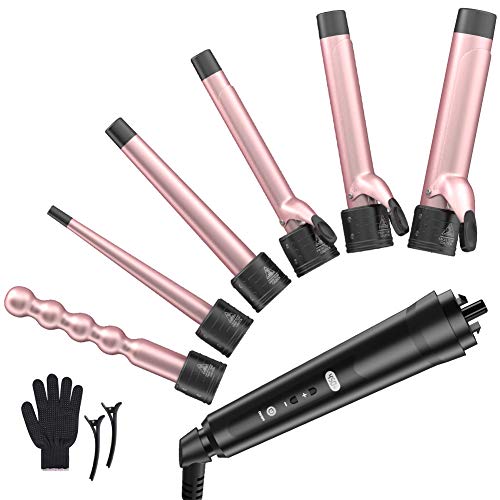 Curling Iron Wand Set - Laluztop Hair Curling Iron with 6 Interchangeable Ceramic Barrels and LCD Temperature Display, 0.35 -1.25 Inch Hair Curler for All Hair Types (Black) (Pink Gold)