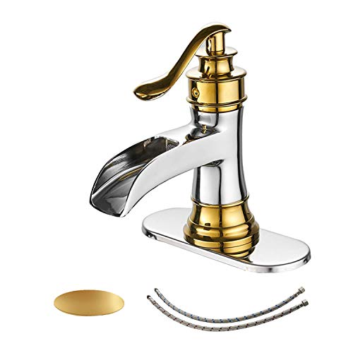 BWE Bathroom Sink Faucet Gold with Chrome with Pop Up Drain and Supply Hose Lead-free Single Handle Single Hole Waterfall Bathroom Faucet Lavatory Mixer Tap