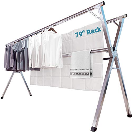 JAUREE Clothes Drying Rack, 2M/79 Inches Stainless Steel Garment Rack Adjustable and Foldable Space Saving Laundry Drying Rack for Indoor Outdoor with Windproof Hooks