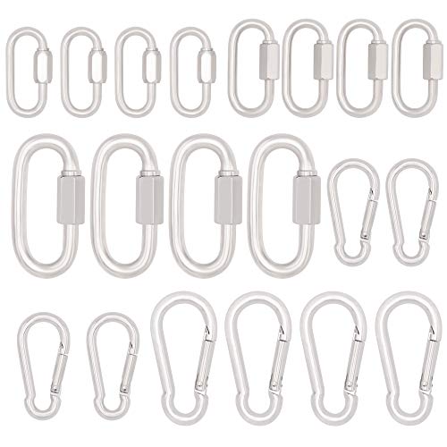 304 Stainless Steel Locking Carabiner Quick Link Chain Rope Connector and Spring Snap Hook Clip 1/8in to 3/16in 20PCS Assortment