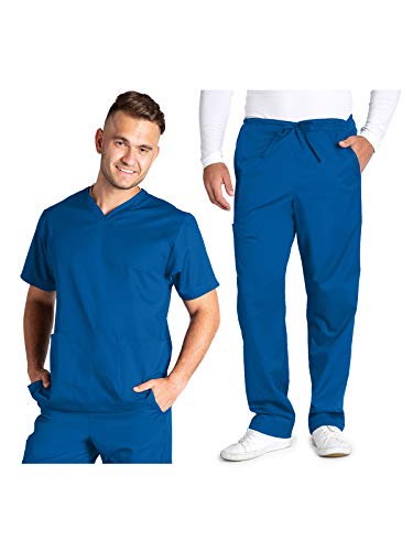 B1 Team Unisex V-Neck Top Bundle with Straight Leg Pant Medical Scrub Set New Royal M-M