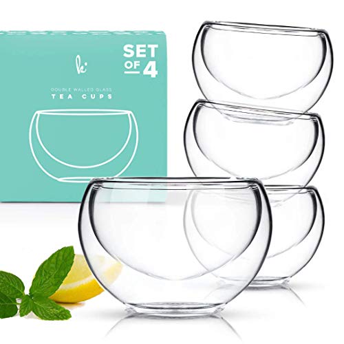 Tea Cup Set of 4 - Modern Double Wall Glass Insulated Teacups Best Paired with your Teapot or Coffee (2.5 oz)