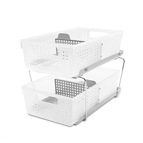 madesmart 2-Tier Organizer with Dividers - BATH COLLECTION Slide-out Baskets with Handles, Space Saving, Multi-purpose Storage & BPA-Fre, Large, Frost Grey