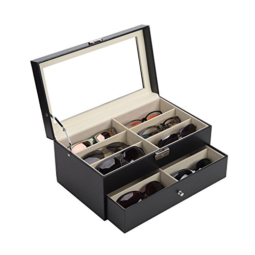 CO-Z Sunglasses Organizer for Women Men, Multiple Eyeglasses Eyewear Display Case, Leather Multi Sunglasses Jewelry Collection Holder with Drawer, Sunglass Glasses Storage Box with 12 Compartments