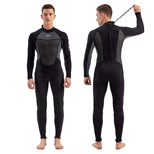 COPOZZ Wetsuit for Men and Women 3mm Neoprene Full Wetsuit, Back Zip Long Sleeve One Piece Wetsuit Jumpsuit for Scuba Diving Surfing Snorkeling (Black, Large)