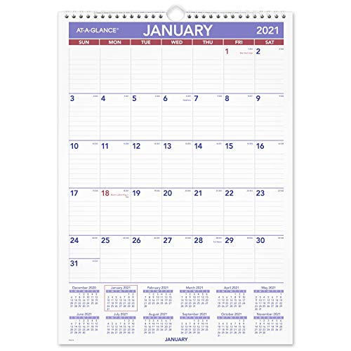 2021 Wall Calendar by AT-A-GLANCE, 12' x 17', Medium, Monthly. Wirebound (PM22821)